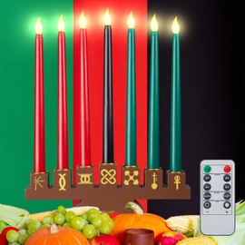 8 Pieces Kwanzaa Kinara Flameless Candles Set Wood Kwanzaa Candle Holder 3 Red 3 Green 1 Black Kwanzaa Taper Candles with Remote Timer for Kwanzaa Table Centerpiece Church Decor