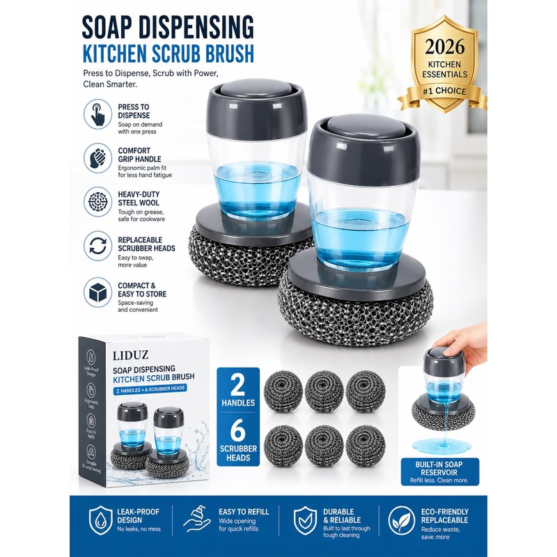 Soap Dispensing Palm Brush Set, 2 Pack Dish Scrubber with