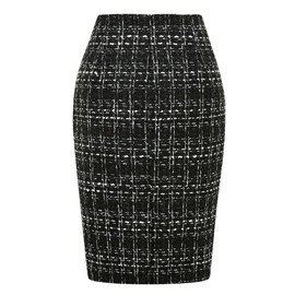 Womens Tweed Pencil Skirt Fall Winter High Waisted Slit Bodycon Knee Length Plaid Midi Skirt (Tweed Black, M)