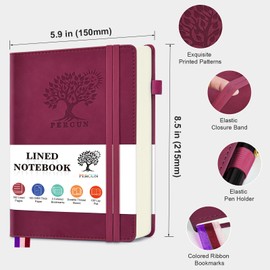 PERCUN Leather Journal for Men & Women - 160 Lined Pages, 100 GSM Paper, 5.9"x8.5" Hardcover Notebooks for Work, School, Note Taking, Travel Writing, Daily Diary & Journaling(Burgundy)