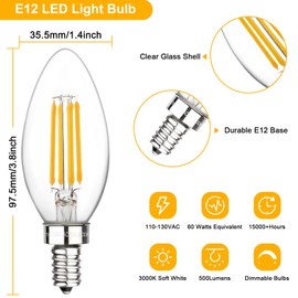 Boncoo E12 Candelabra Bulbs 60 Watt, Chandelier Light Bulbs LED Candle Bulb 3000K Soft White, B11 LED Bulb Dimmable 6W 500 Lumens Filament Decorative Small Base Clear Glass, 6 Pack