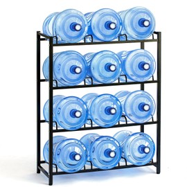 UMORNING 5 Gallon Water Dispenser Jug Holder Heavy Duty Water Cooler Jug Rack and 4 Tier Water Storage Rack with 12 Slots for Gallon Jugs (Black)