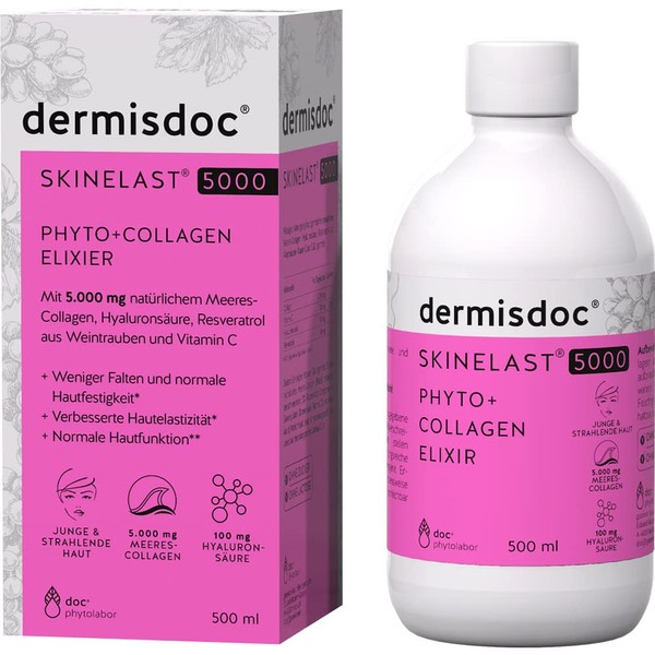 Dermisdoc Skinelast 5000 Phyto Collagen Elixer 500 ml - Dietary Supplement with Sea Collagen - Hyaluronic Acid - Resveratrol - Vitamin C for Improved Skin Elasticity - Young Radiant Skin