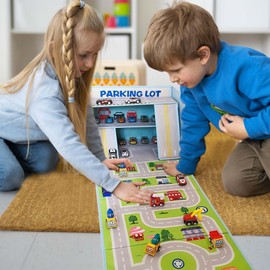 SAM AND MABEL Toy Car Garage Box with Play Mat – Kids' Racecar Storage Basket, Stackable and Collapsible Organizer Bin (Cars Not Included)