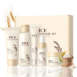 Rice Hautpflegeset 5 Stück - Geschenke für Frauen - Reis Gesichtspflege Set für Teenager Mädchen und Frauen - Rice Skin Care Set mit Reiniger, Toner, Augencreme, Serum, Gesichtscreme