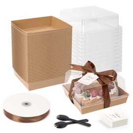 DeziWood 7 x 7 x 4 Inches Paper Cake Boxes with Clear Lids, 50 Pack Brown Charcuterie Boxes Large Square Food Containers, Disposable Bakery Boxes for Valentine's Day 4-6 Inch Bundt Cake, Pie, Dessert