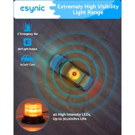 eSynic Magnetic Rotating Flashing Beacon Light 40 LEDs Round 12V/24V Roof Strobe Lights IP65 Waterproof Amber Emergency Warning Light with 7 Flash Modes&5m Power Cable for Vehicles Car Van Truck etc