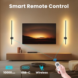 NIORSUN 24 Inch Battery Operated Wall Sconce Set of 2,Black Minimalist Rechargeable LED Wall Lights with Remote, 10 Colors Dimmable Wireless Wall Lamp for Living Room Bedroom Hallway