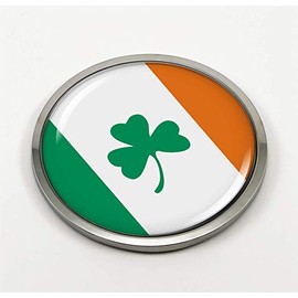 Flag of Ireland Irish Wish Shamrock | 3D Domed CAR Emblem Badge Sticker Chrome Metal Round Bezel