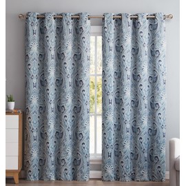 HLC.ME Paris Paisley Decorative Print Damask Pattern Thermal Insulated Semi-Blackout Energy Savings Room Darkening Grommet Window Curtain Panels for Bedroom - Set of 2 (50 W x 54 L Long, Blue)