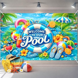 BlissYard Hello Summer Banner 71 x 43 Inches Welcome to Our Pool Summer Pool Party Decorations Swimming Pool Backdrop Beach for Pool Party Backyard Summer Beach Tiki Bar Outdoor Photo Booth