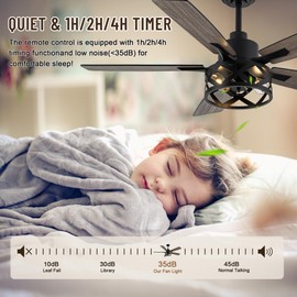 52" Farmhouse Ceiling Fans with Lights and Remote, Chandelier Ceiling Fan with Reversible DC Motor,5 Double Finish Wood Blades,Rustic Caged Ceiling Fan for Living Room, Dining Room,Bedroom