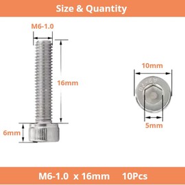 Hmevsafinect 10 Pcs M6 x 16mm Thread Pitch 1 mm Stainless Steel 304 Hex Socket Head Cap Screws Bolts Kit (10 Pack M6 x 16mm)