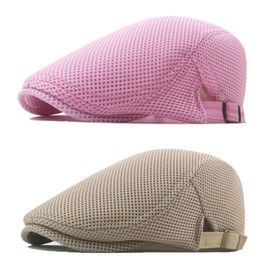 ZARSIO Men Breathable Mesh Summer Hat Flat Cap Gatsby Newsboy Hat Beret (Khaki+Pink)