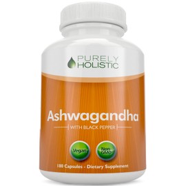 Purely Holistic Organic Ashwagandha 1300mg - 180 Vegan Capsules - 650mg of Ashwaganda per Capsule - 3 Month Supply - High Strength Ashwaganda Root Extract with Black Pepper