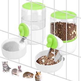 Hanging Automatic Cat Food and Water Dispenser 35 oz, Gravity Refill Food and Siphon Suction Device for Medium Small Animal Puppies, Cats, Rabbits, Chinchillas and Ferrets (Green)