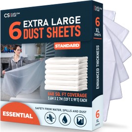 CS 6 Pack Extra Large Plastic Dust Sheets for Decorating 3.6 x 2.7m (12 x 9ft), Standard Dust Sheet for Painting & Furniture, Plastic Sheet-Plastic Sheeting-Decorating Tools-Decorating Sheets