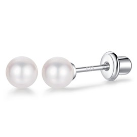 LUCKMORA 925 Sterling Silver Earrings Stud with Screwback Simulated Pearl for Women Earring With Screw Backs Hypoallergenic (pearl-5mm)