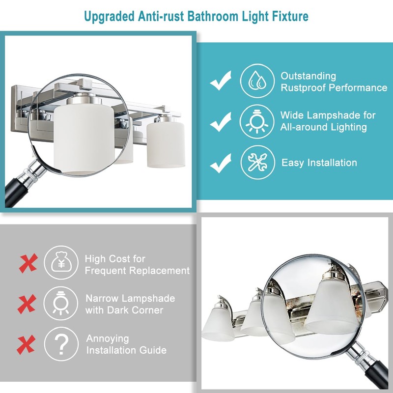 BrkNit 3 Light Modern Bathroom Light Fixtures Over Mirror, Chrome