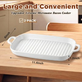 2 Pack Microwave Bacon Tray Ceramic Cooker with Drip Rack, Oven Dishwasher Safe, Breakfast Kitchen Tool for 4-6 Slices(White)