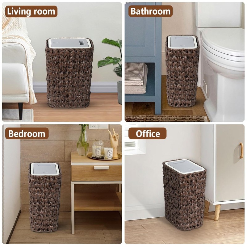 Trash Can with Lid, 2.6 Gallon Small Rattan Trash Can