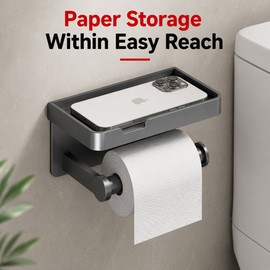 Toilet Paper Holder with Shelf for Bathroom – Aluminum Alloy Wall-Mount Roll Holder for Phone Storage and Daily Use