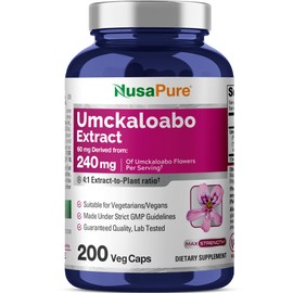 NusaPure Umckaloabo 4:1 Extract, 60 mg Equivalent to 240 mg Veggie Caps 200 Count (Non-GMO, Vegan)