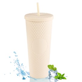 TWSOUL Studded Cup Tumbler 710ml Studded Tumbler with Lid and Straw Reusable Cold Cup for iced Coffee Double Walled Plastic Water Bottl (Yellow-White)