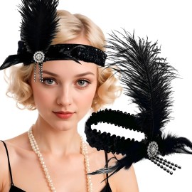 Diadema Pluma Negra Charleston Disfraz Accesorio Vintage Color Negro
