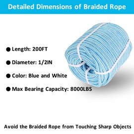 elfinrm Arborist Tree Rope, 1/2inch by 200FT, 24 Strand Bull Rope up to 8000lbs Tensile Strength, Blue and White