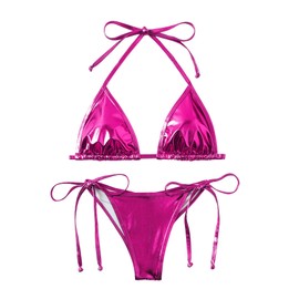 Women's Liquid Metallic Rainbow Bikini Sets Shiny String Padded Triangle 2 Pieces Swimsuit Set