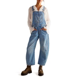 Qazel Vorrlon Denim Overalls for Women Barrel Wide Leg Bib Baggy Jeans Adjustable Denim Romper Stretch Jumpsuit Y2K Pants