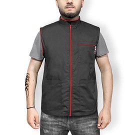 Professional Barber New Shirt Jacket Men's Black Sleeveless and Features 2 Pockets for Barber Tools And One Way Zipper (Large, Black-Red) (SB-SL)