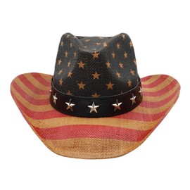 Mens Straw Cowboy Hat Unisex Western Beach Sun Hat for Men Women Wide Brim Fedora Hat Cowgirl Hats Summer Panama Hat (US, Alpha, Medium, Vintage Black Flag)