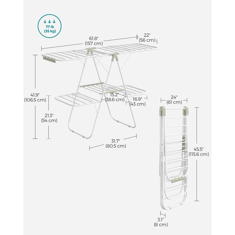 SONGMICS Clothes Drying Rack, Foldable 2-Level Laundry Drying Rack, Free-Standing