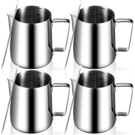 Dandat 4 Pcs Milk Frothing Pitcher 12 oz Espresso Steaming Pitcher Milk Frother Cup with Latte Art Pen Stainless Steel Coffee Bar Espresso Machine Accessories Cappuccino Barista Tools Milk Jug Cup