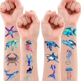 MeoIsDaBest 60 Tatuajes Temporales Precortados De Animales Marinos Para Fiestas De Cumpleaños Temáticas. Incluyen Tiburón, Tortuga Marina, Ballena Y Pez. Ideales Para Niños Y Niñas.