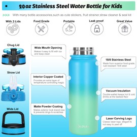 OLDLEY Insulated Water Bottle with Straw 20oz Stainless Steel Water Bottles with 3 lids Double-Wall Vacuum Thermal for Kids Adults School Sports, Sky blue-Green