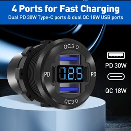 USB Car Charger Socket,12V 4 Port Fast Charging Outlet Panel,Dual 18W QC3.0 USB-A & 30W PD Type C Charger Power Outlet Panel with Switch LED Voltmeter for Car/Boat/Motorcycle/SUV/RV Truck
