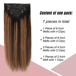 SixStarHair Clip ins Yaki Straight Human Hair for Black Women Balayage Black to Natural Black #1B Mixed with Auburn #30 Yaki Straight Clip in Human Hair Extensions 18 Inch 7 Pieces 120G per Pack