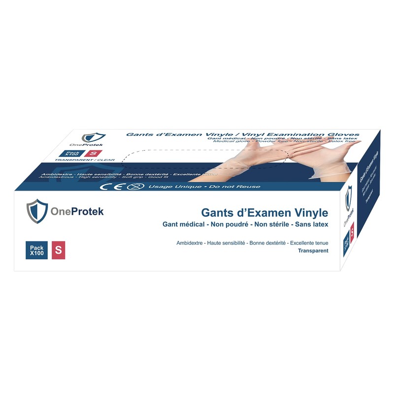 OneProtek Vinyl Gloves Pack of 100 Powder- and Latex- Transparent