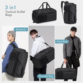 BAGZY 3 In 1 Military Tactical Gym Bag for Men Sports Duffle Bag 55L with Shoe Compartment Travel Backpack for Fitness Weekender Overnight Workout Khaki