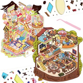 2 Sets DIY 3D Fun Large Size House Sticker Scenes with Tweezers Make Your Own Stump Cabin Messenger Inn Scene Stickers Cute Micro Animal Theme Stickers for Relief Stress Pass The Time