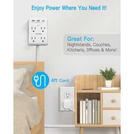 PAEWOK Flat Multi Plug Extender with 3 USB Wall Charger(1 Type C), 4 Outlet Wall Adapter, 4 ft Thin Extension Cord, Flat Plug Surge Protector Power Strip for Home, Office, College Dorm. White