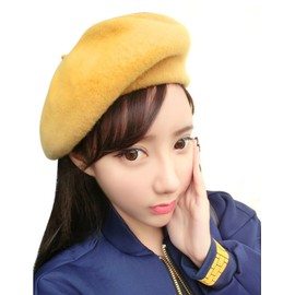 ICSTH French Beret - Wool Solid Color Womens Beanie Cap Hat (One Size, Yellow)
