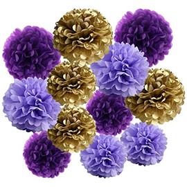 Ainmto Pack of 12 Tissue Paper Pompoms Purple and Gold, Party Pompoms Decoration for Birthday, Wedding