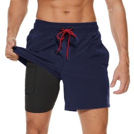 Arcweg Mens Swim Trunks with Compression Liner 2 in 1 Beach Swimming Trunks Quick Dry Swim Shorts with Zipper Pockets Navy