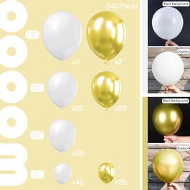 PartyWoo White and Gold Balloons, 140 pcs White and Metallic Gold Balloons Different Sizes Pack of 18 Inch 12 Inch 10 Inch 5 Inch for Balloon Garland or Arch as Birthday Decorations, Party Decorations