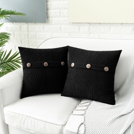 HWY 50 Decorative Throw Pillow Covers Set Cushion Cases with Triple Buttons 20x20 Inch Chenille Soft Farmhouse Accent Pillowcase for Couch Sofa Bed Living Room Pack of 2 Black