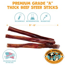 Pack Approved Thick Steer Bully Sticks for Medium Dogs & Small Breeds - No Hide Dog Chews & Single Ingredient Dog Treat - Bully Sticks for Medium Breeds - 5-6" (12ct)